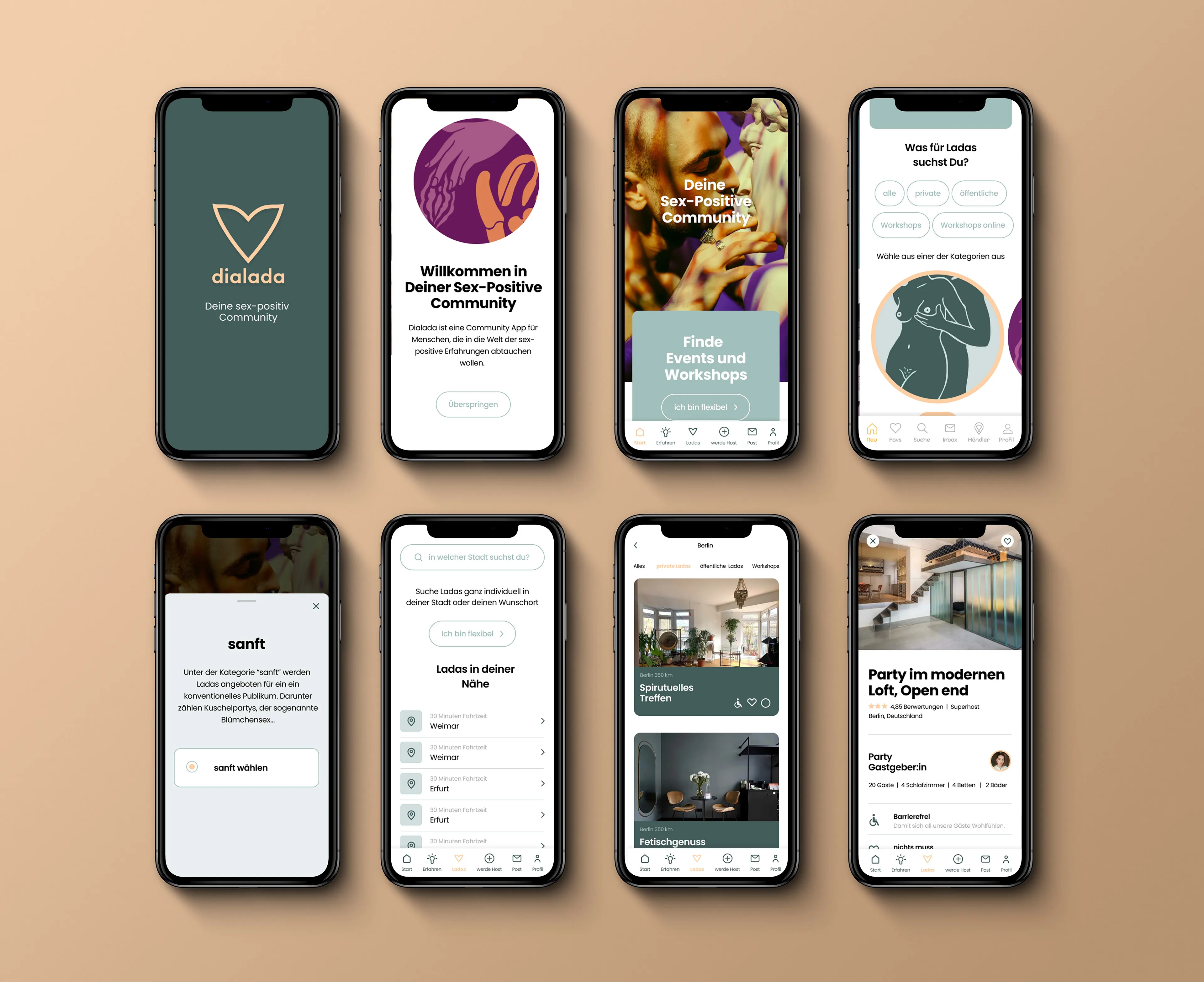 Eight smartphone screens of the dialada app on a beige background, from the start screen to an event page