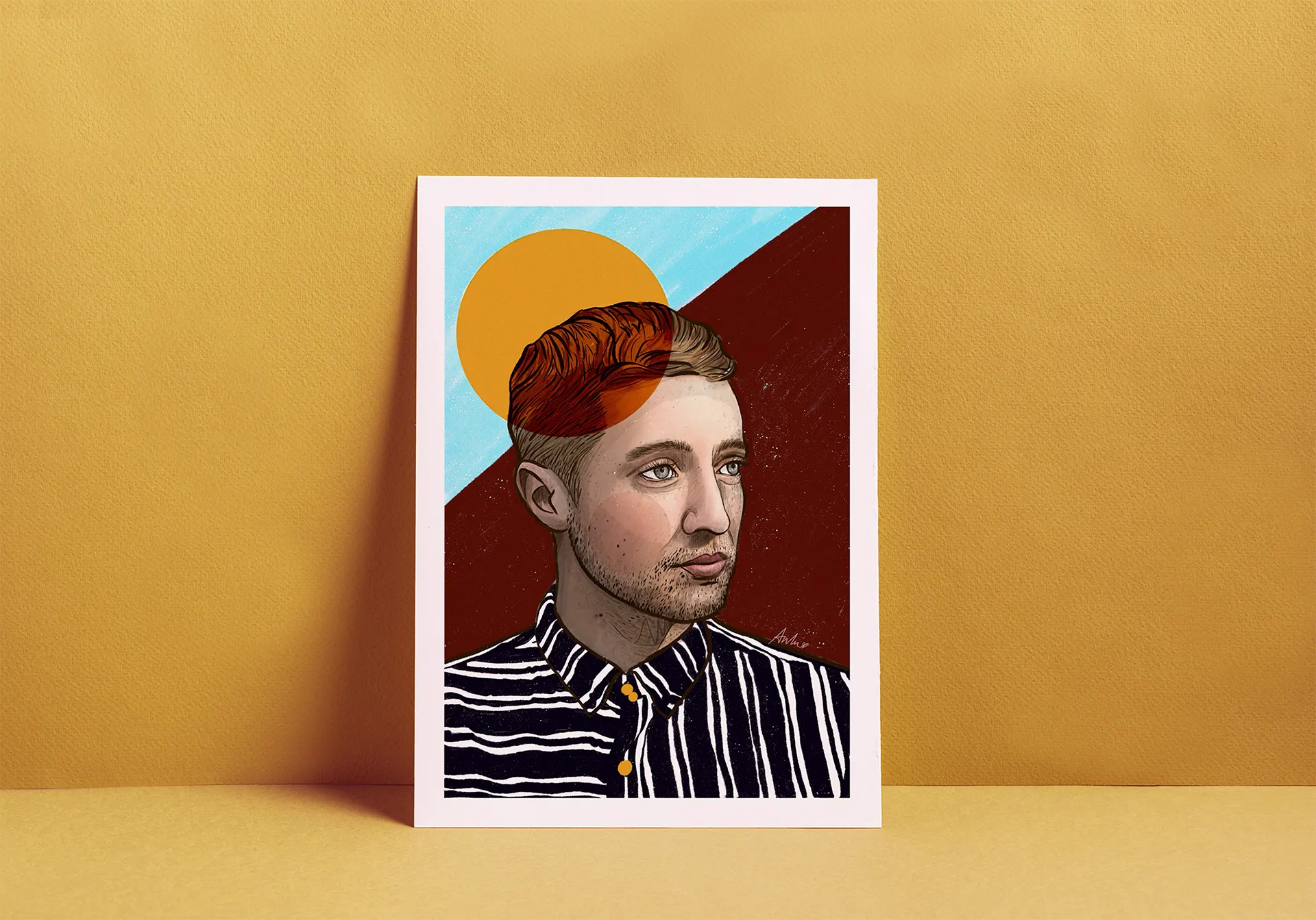 Illustrated portrait of a man with red hair and a striped shirt in front of a sun and diagonal colour fields, leaning against an ochre wall