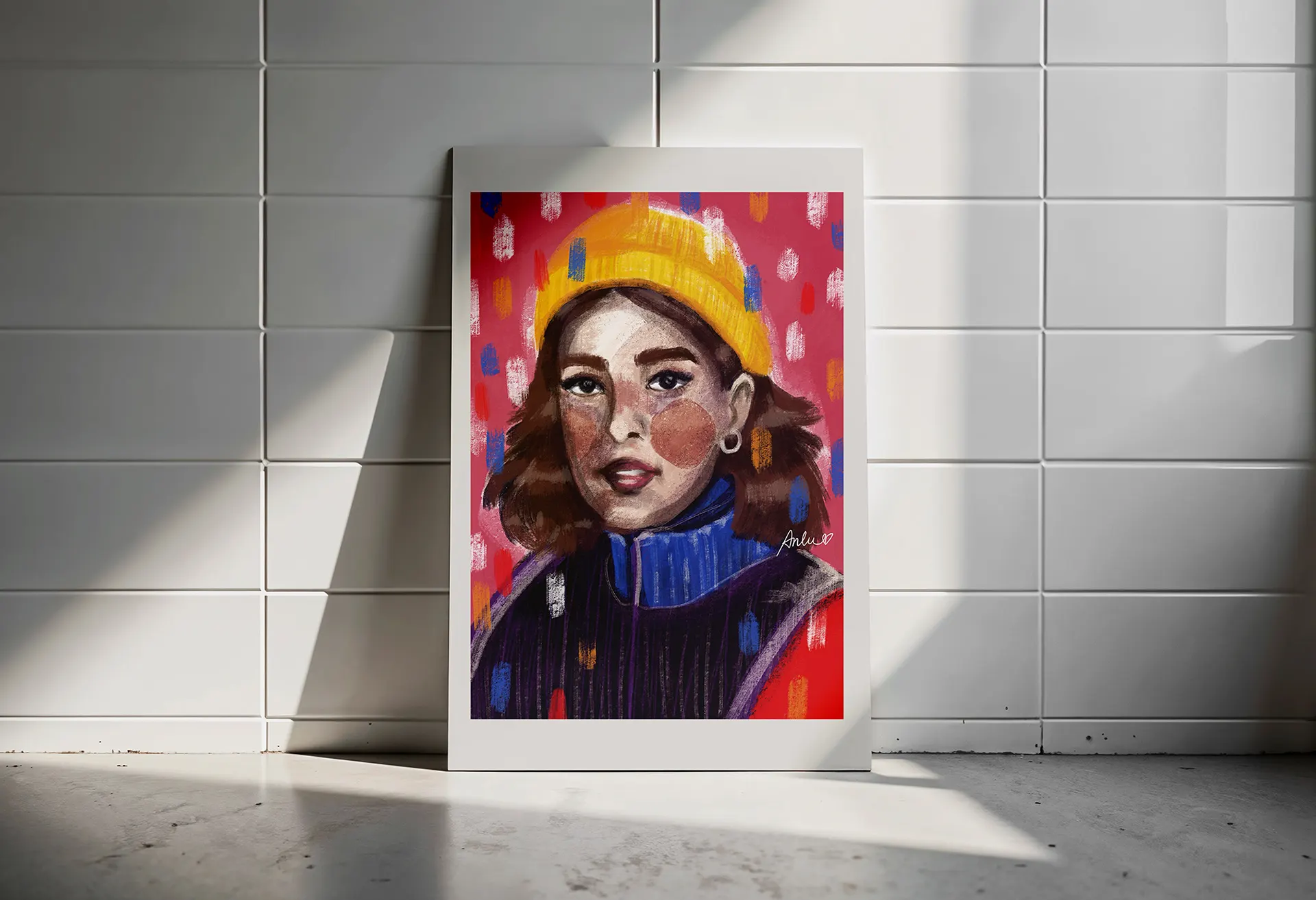Illustrated portrait of a woman with a yellow beanie and freckles against a pink dotted background, leaning against a tiled wall