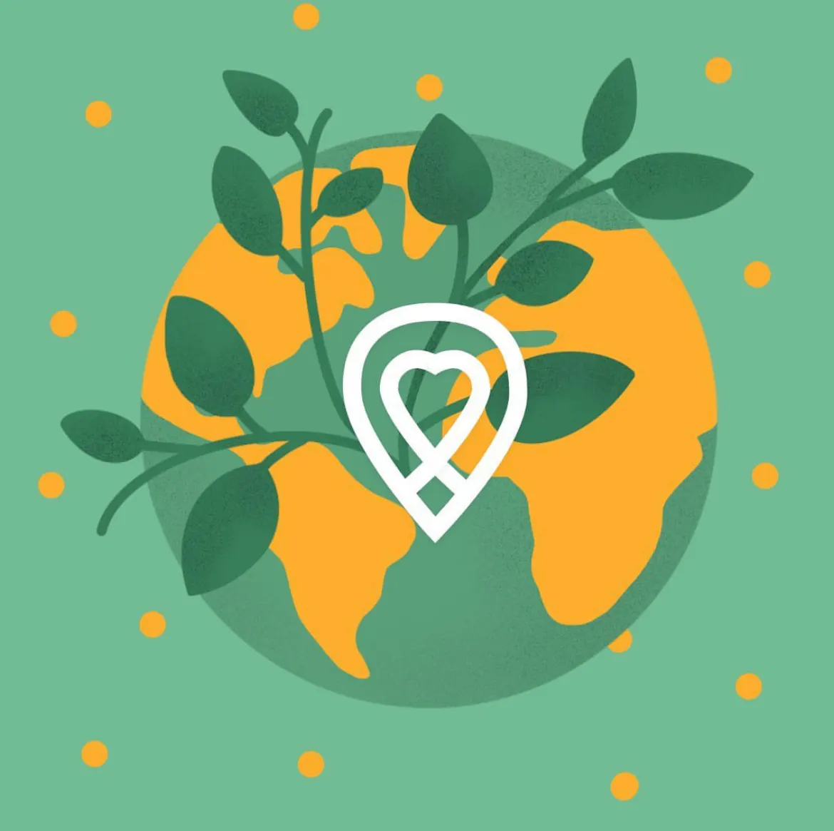 Illustration of a globe with plant leaves and the localing location symbol
