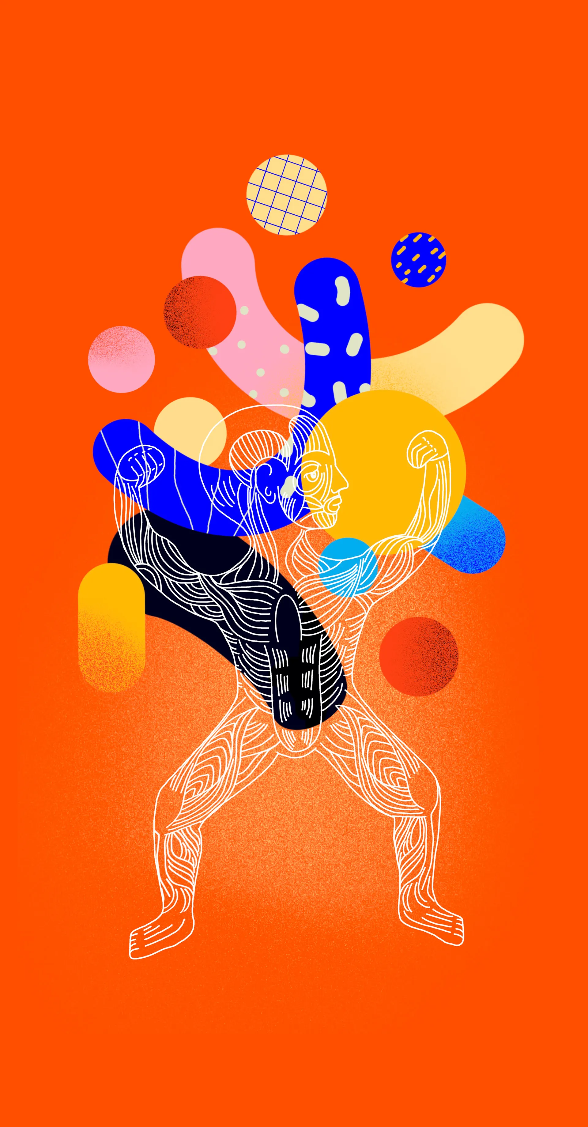 Illustration of a body outline in fine lines, overlaid with colourful shapes on orange