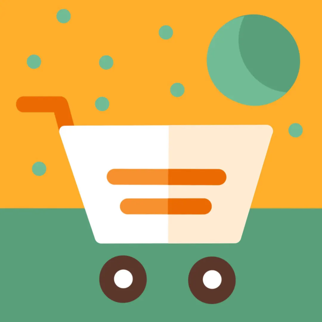 Illustration of a shopping trolley in white and orange on yellow and green