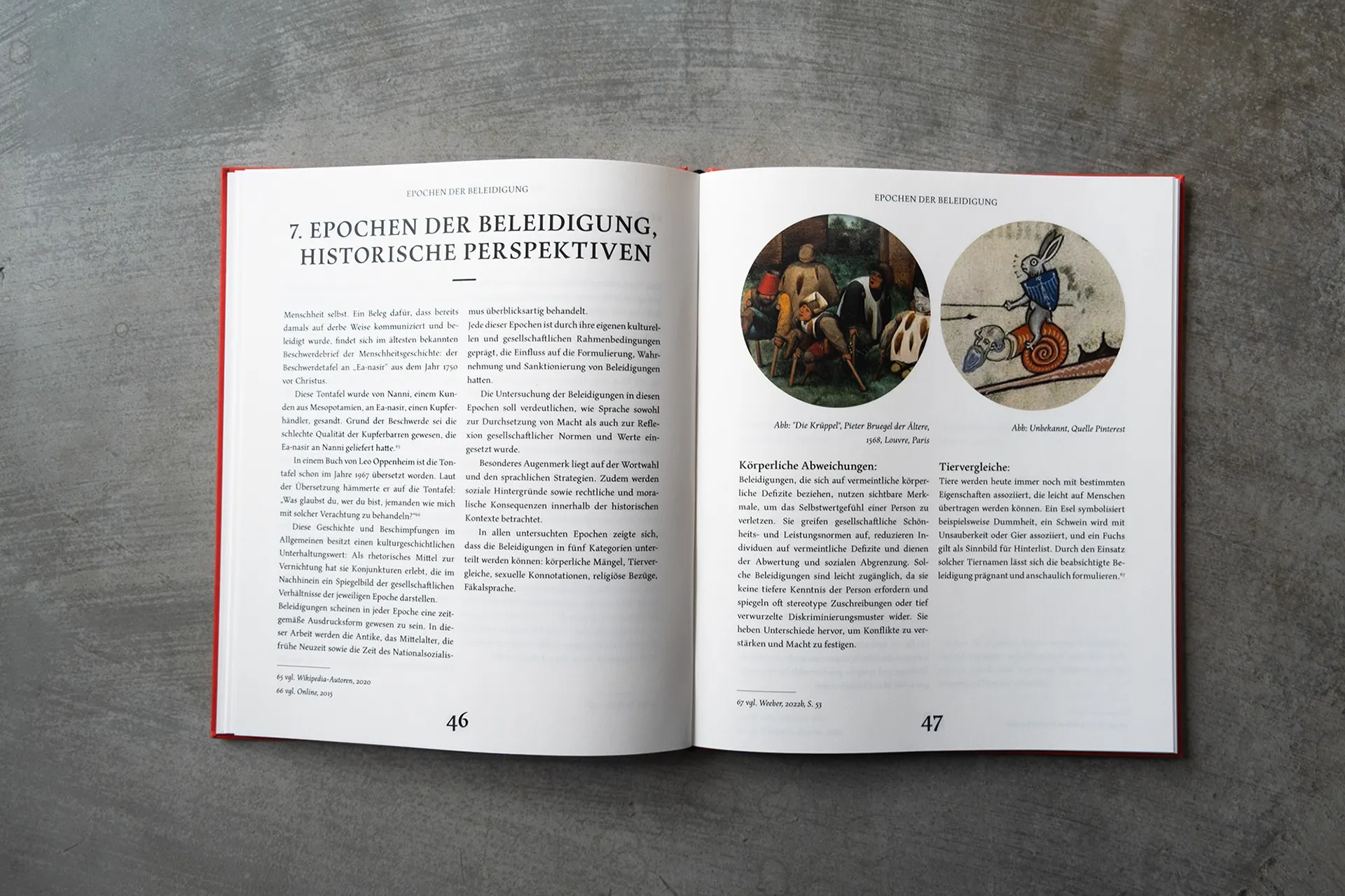 Text spread “Epochs of insult, historical perspectives” with two round images