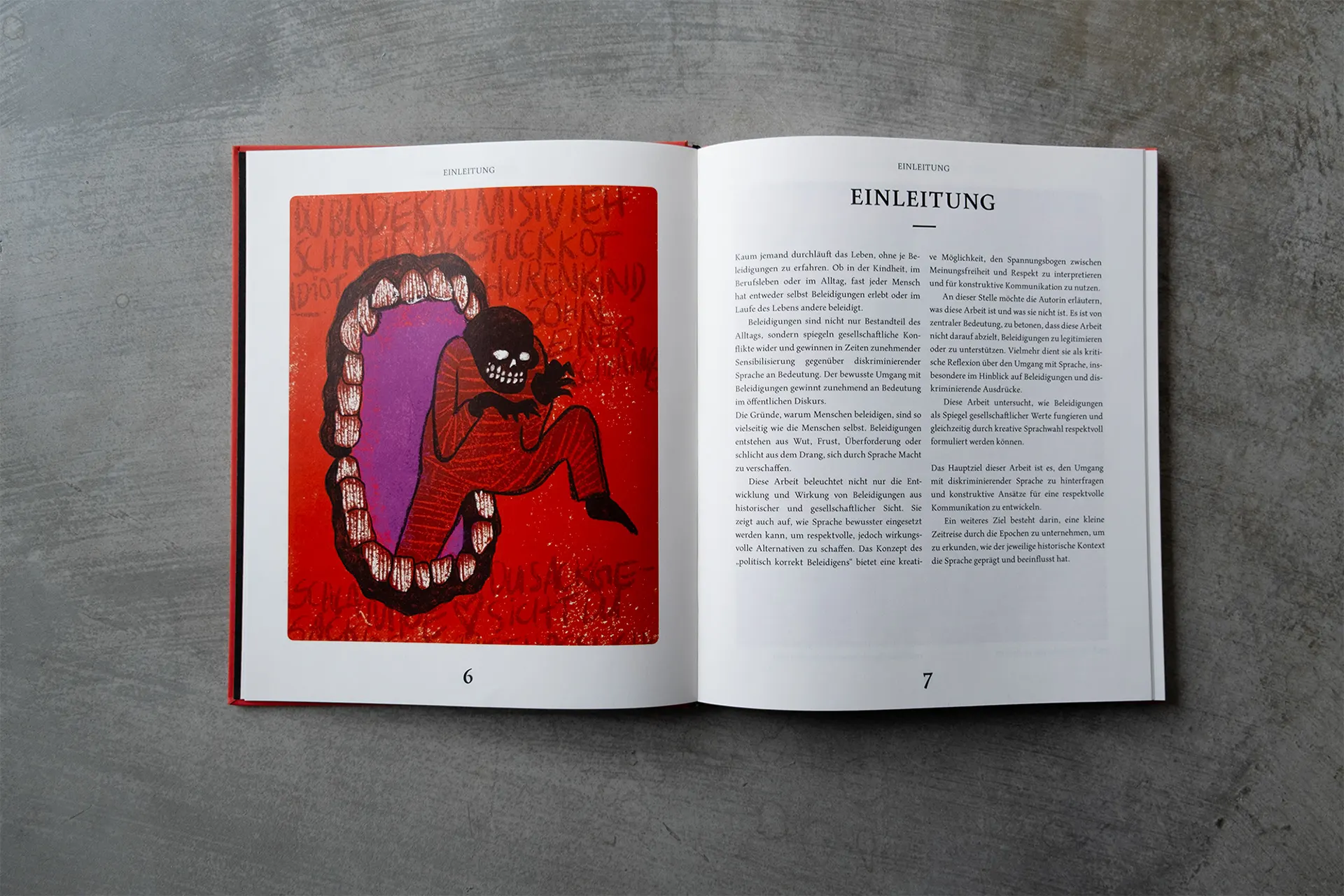 Open introduction spread with an illustration of a large mouth on red