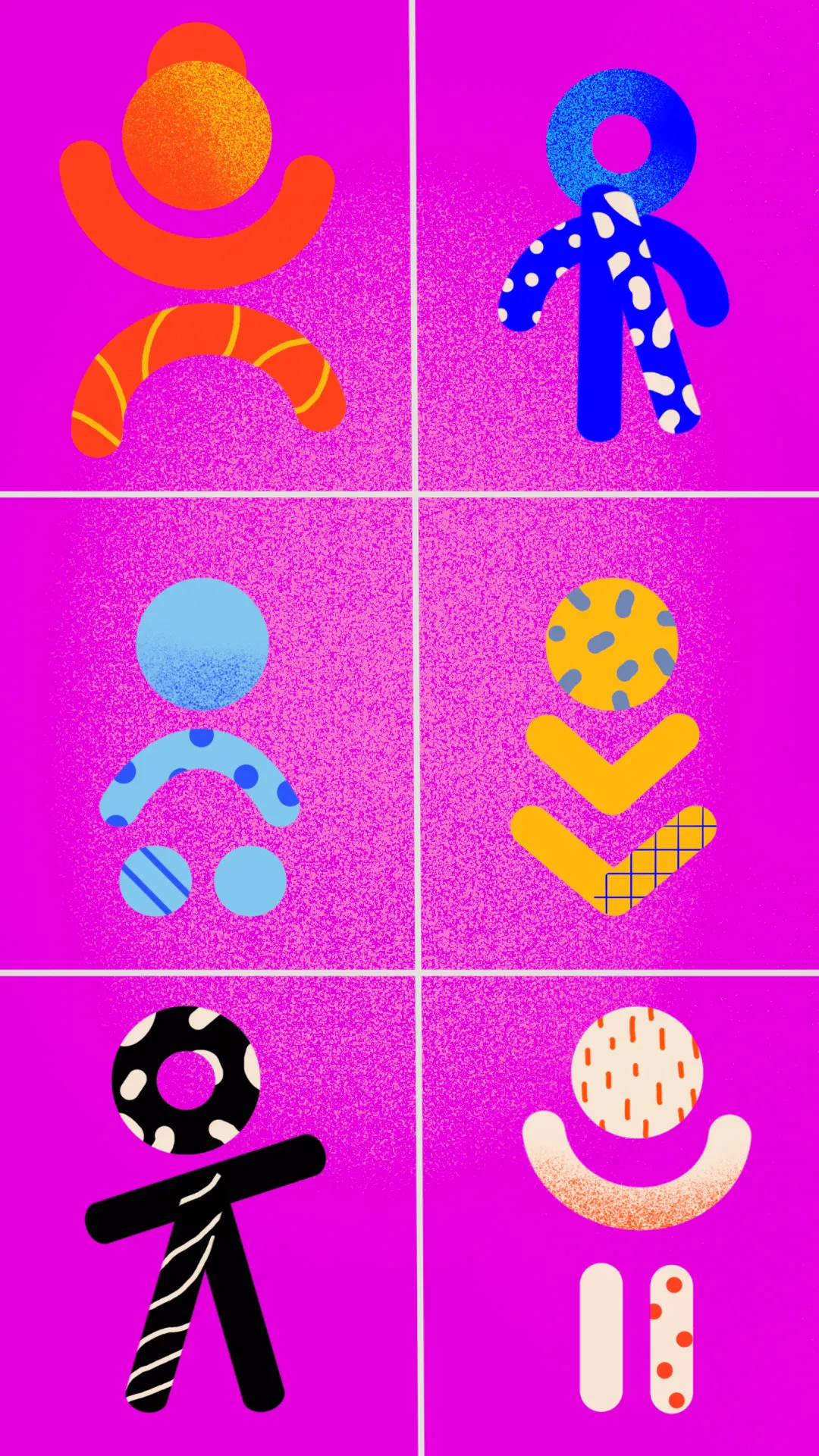 Six figures built from geometric shapes on magenta
