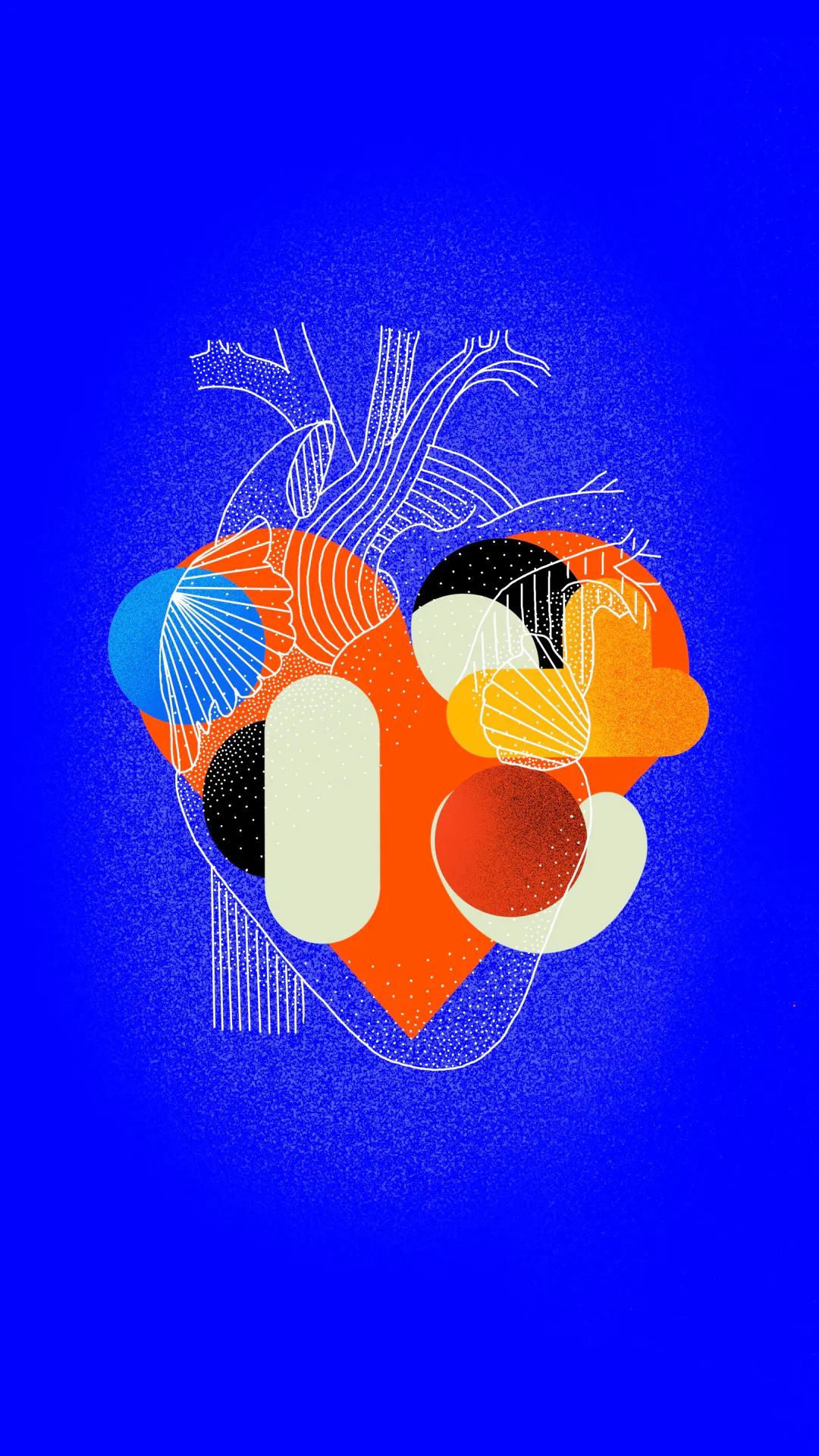 Illustration of an anatomical heart drawn in lines with coloured shapes on blue