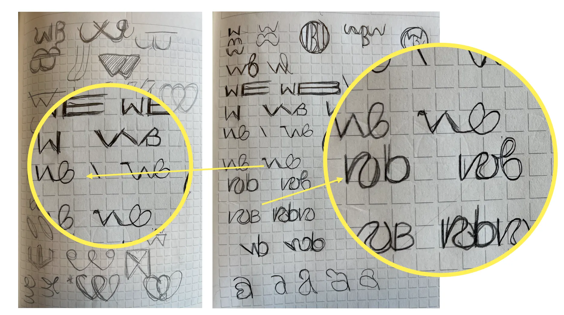 Sketchbook pages with early drafts of the monogram