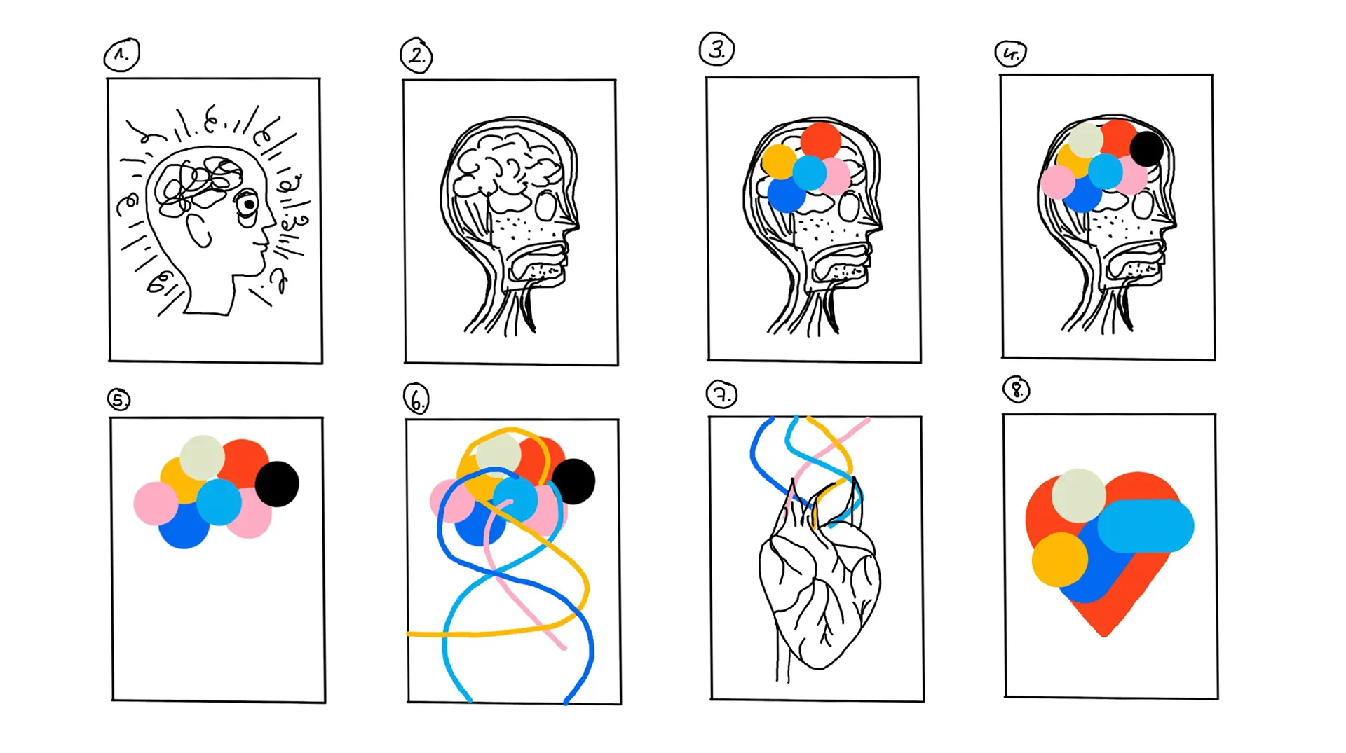 Sketches of heads and hearts dissolving into colourful shapes