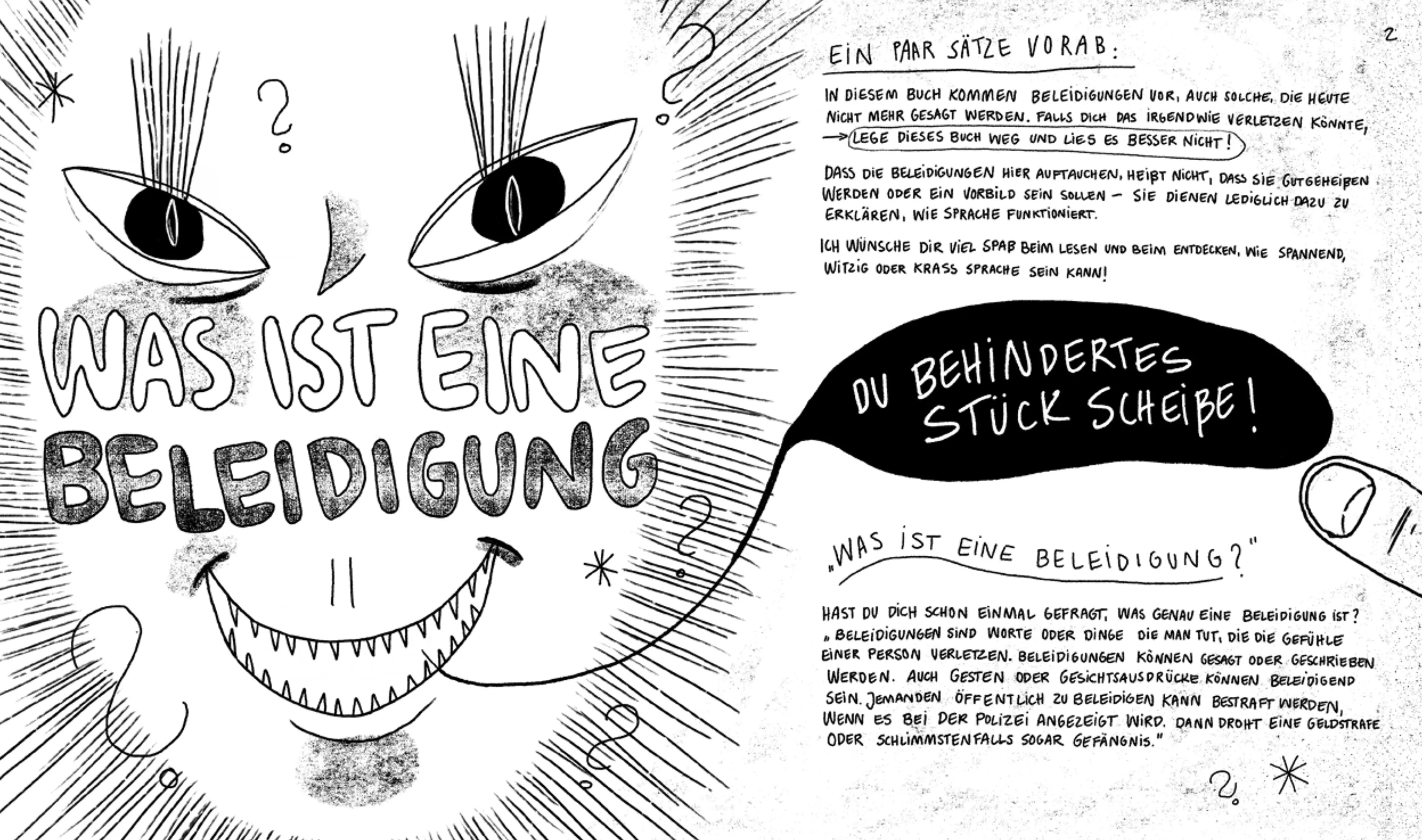 Black-and-white illustrated spread asking “What is an insult?”