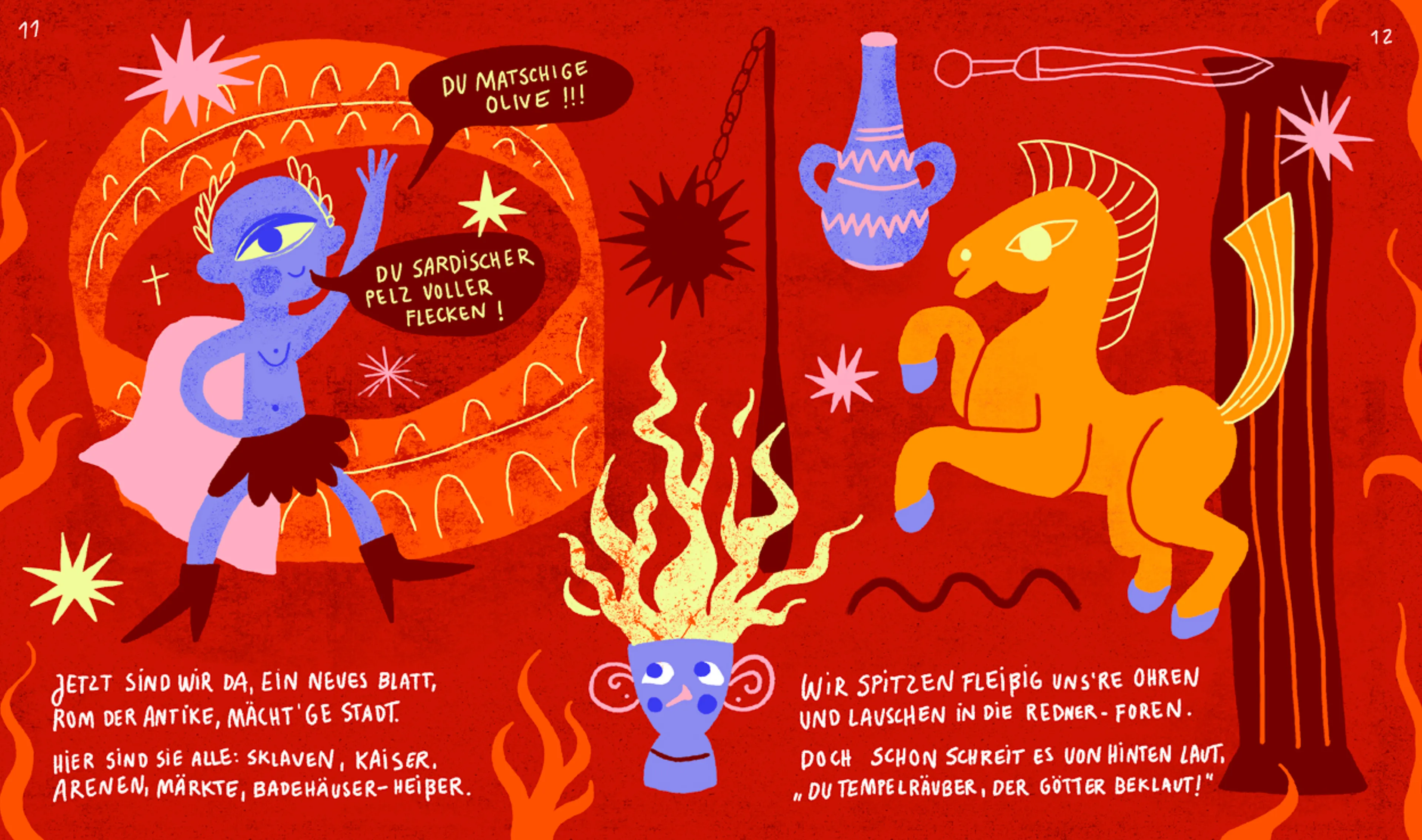 Spread with figures from antiquity on red, with hand-lettered verses of abuse below