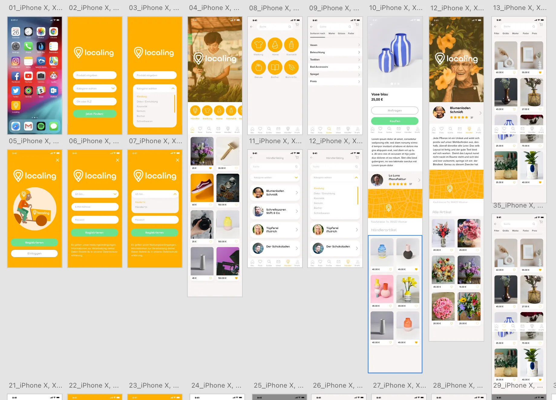 Overview of all app screens in sequence