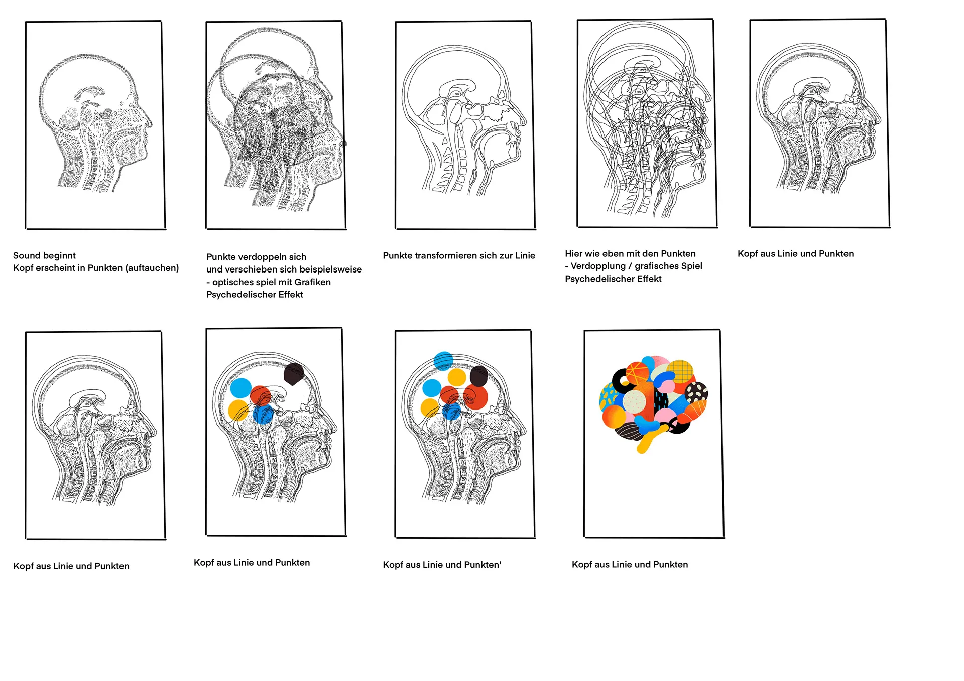 Series of anatomical head drawings gradually turning into shapes