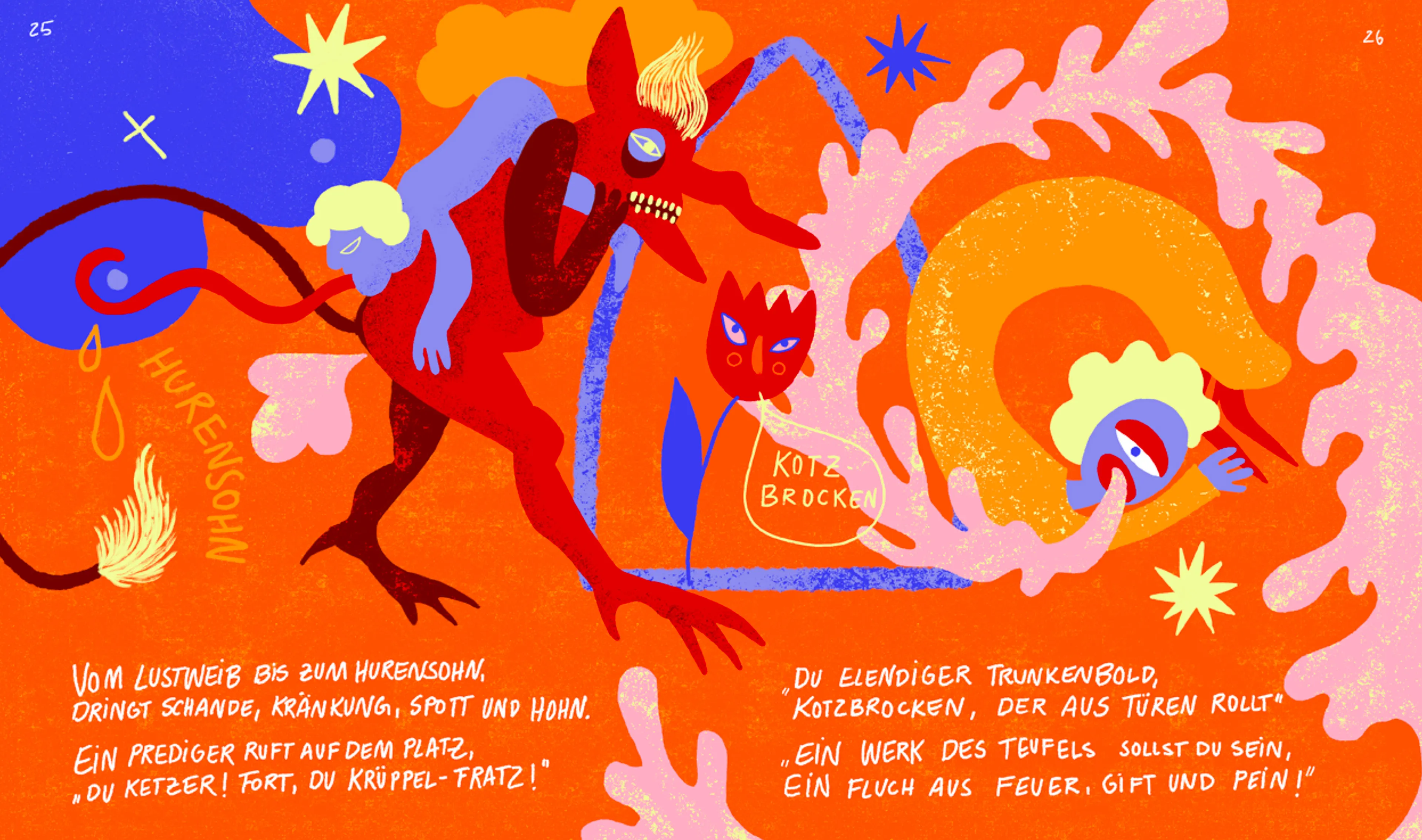 Spread with a devil figure and a spiral of flames on orange and blue