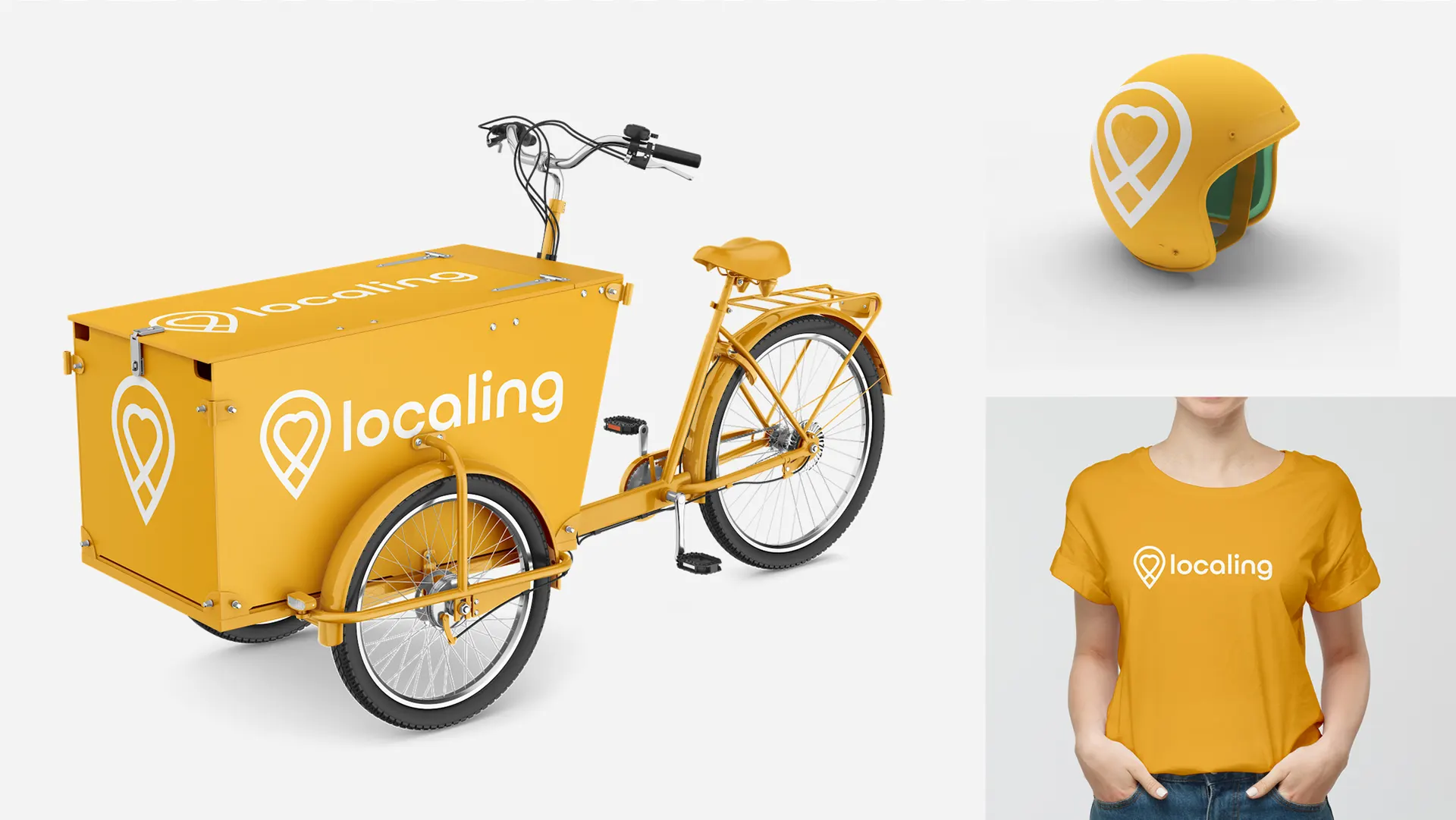 Cargo bike, bicycle helmet and T-shirt in the localing design