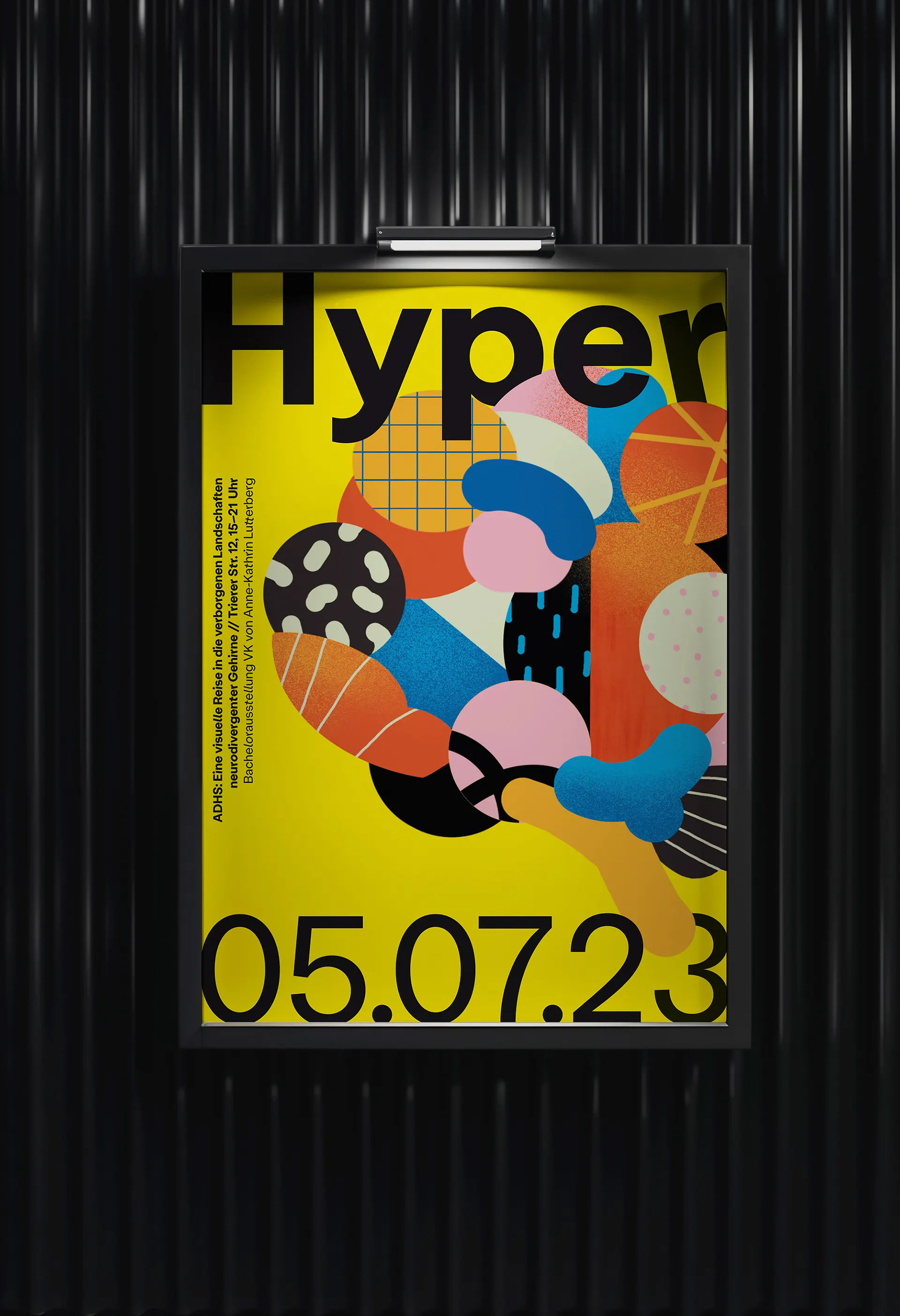 Poster “Hyper” with the date 05.07.23 in an illuminated display case