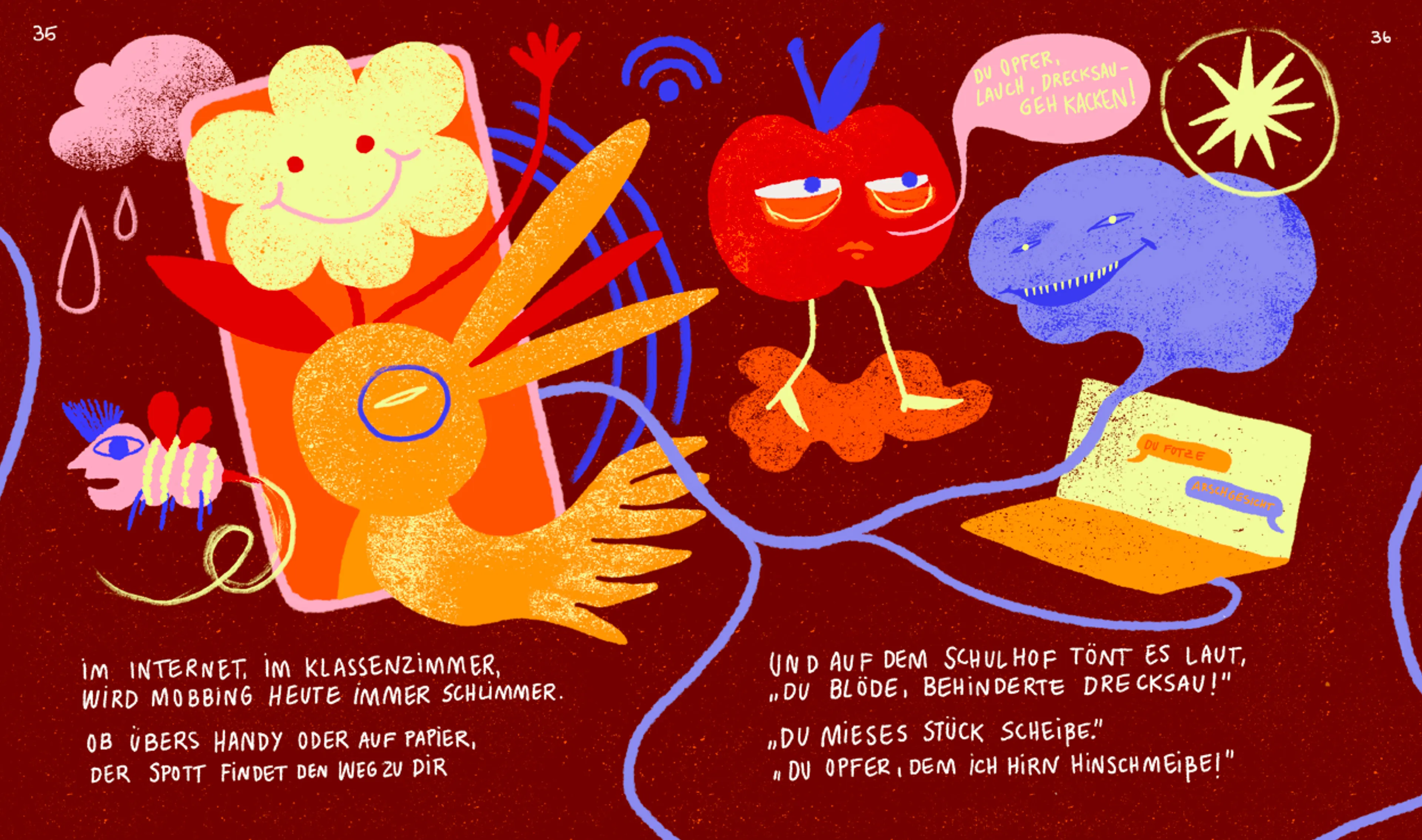 Spread on cyberbullying with smartphone, laptop and figures on red