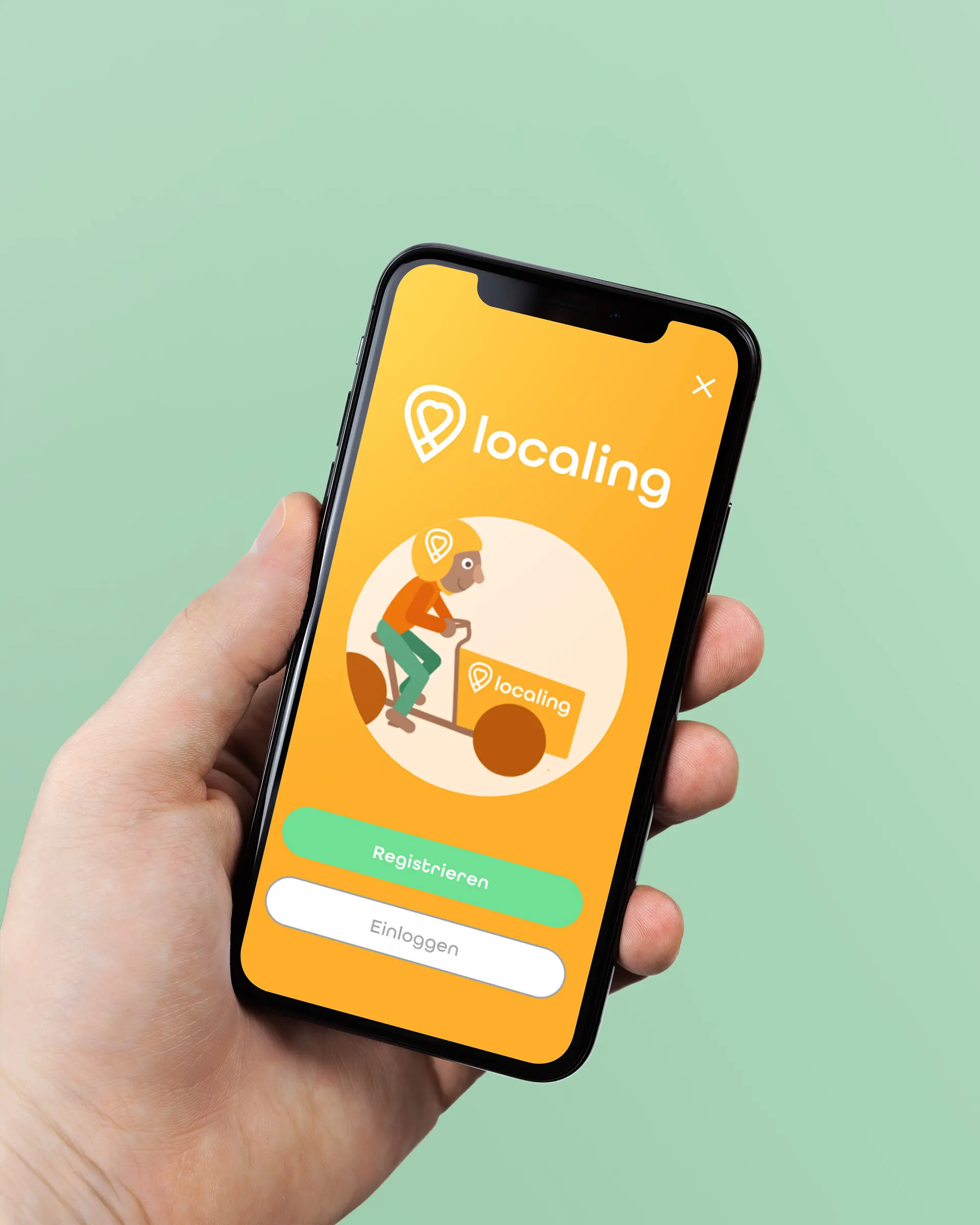 Hand holding a smartphone showing the sign-up screen of the localing app