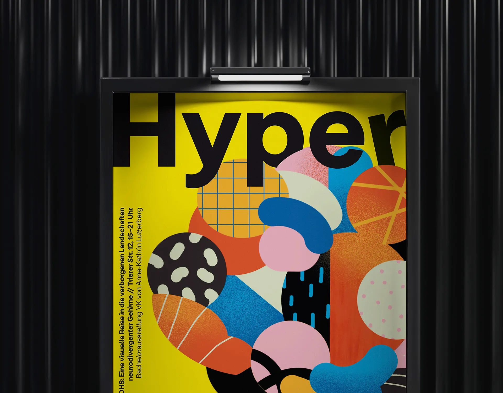 Poster “Hyper” with colourful collage-like shapes on yellow in an illuminated display case
