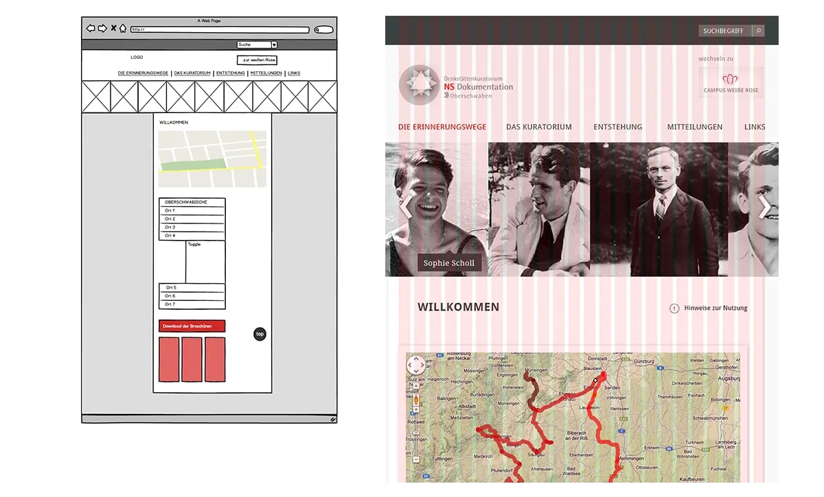 Website wireframe next to the finished design with portrait photos and a map of remembrance routes
