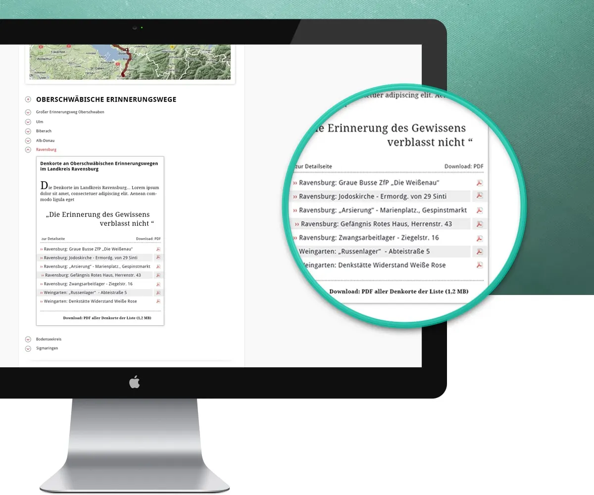 Subpage on remembrance routes in Upper Swabia on a monitor, with an enlarged detail
