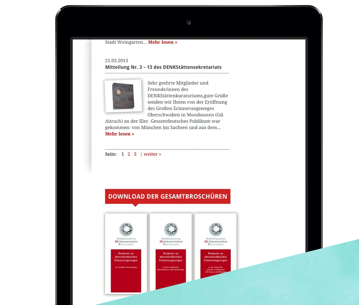 The website on a tablet with news items and a section for downloading brochures